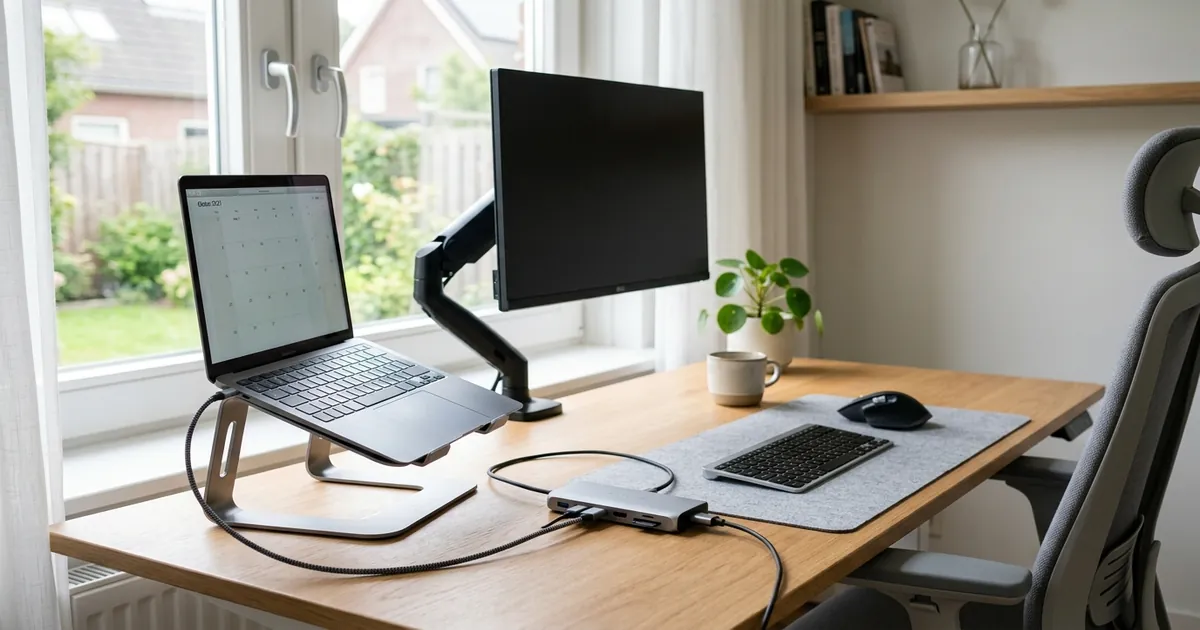 USB-C hub aangesloten op een laptop in een thuiskantoor