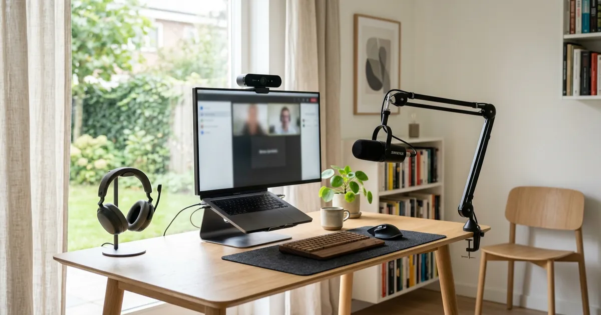 Webcam op een beeldscherm in een thuiskantoor