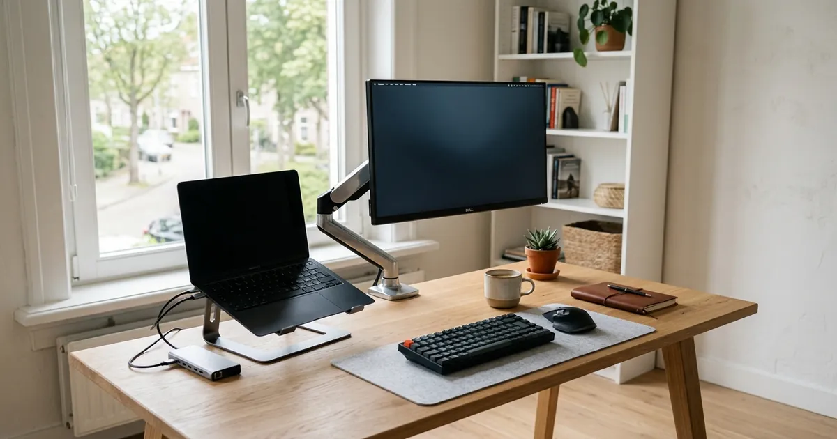 Ergotron LX monitorarm met 27-inch scherm in een Nederlands thuiskantoor